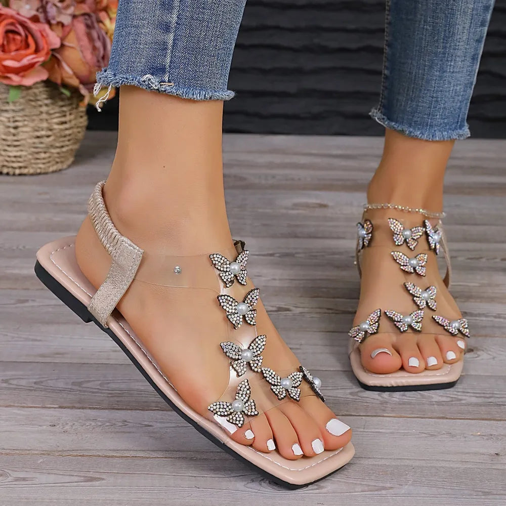 Rhinestone Butterfly Flat Sandals Elegant Summer Footwear